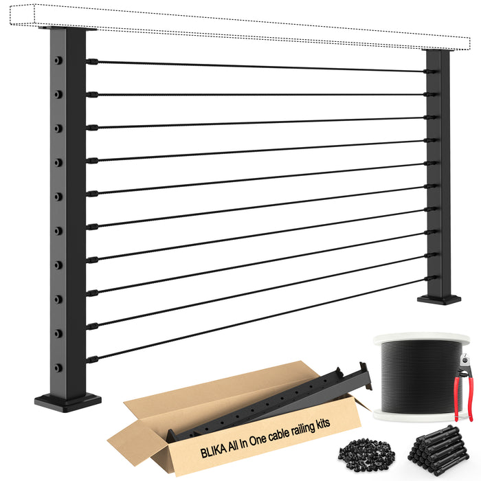 BLIKA 36'' Black Surface Mount Cable Railing System DIY Kit (4FT - 20FT, Level Drilled, No Handrail)
