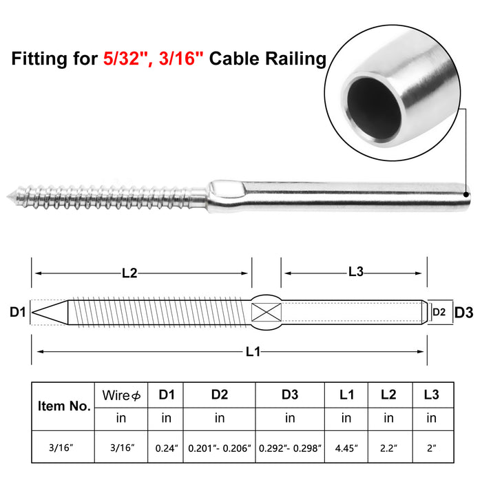 BLIKA Swage Lag Screws for 3/16" Cable Railing