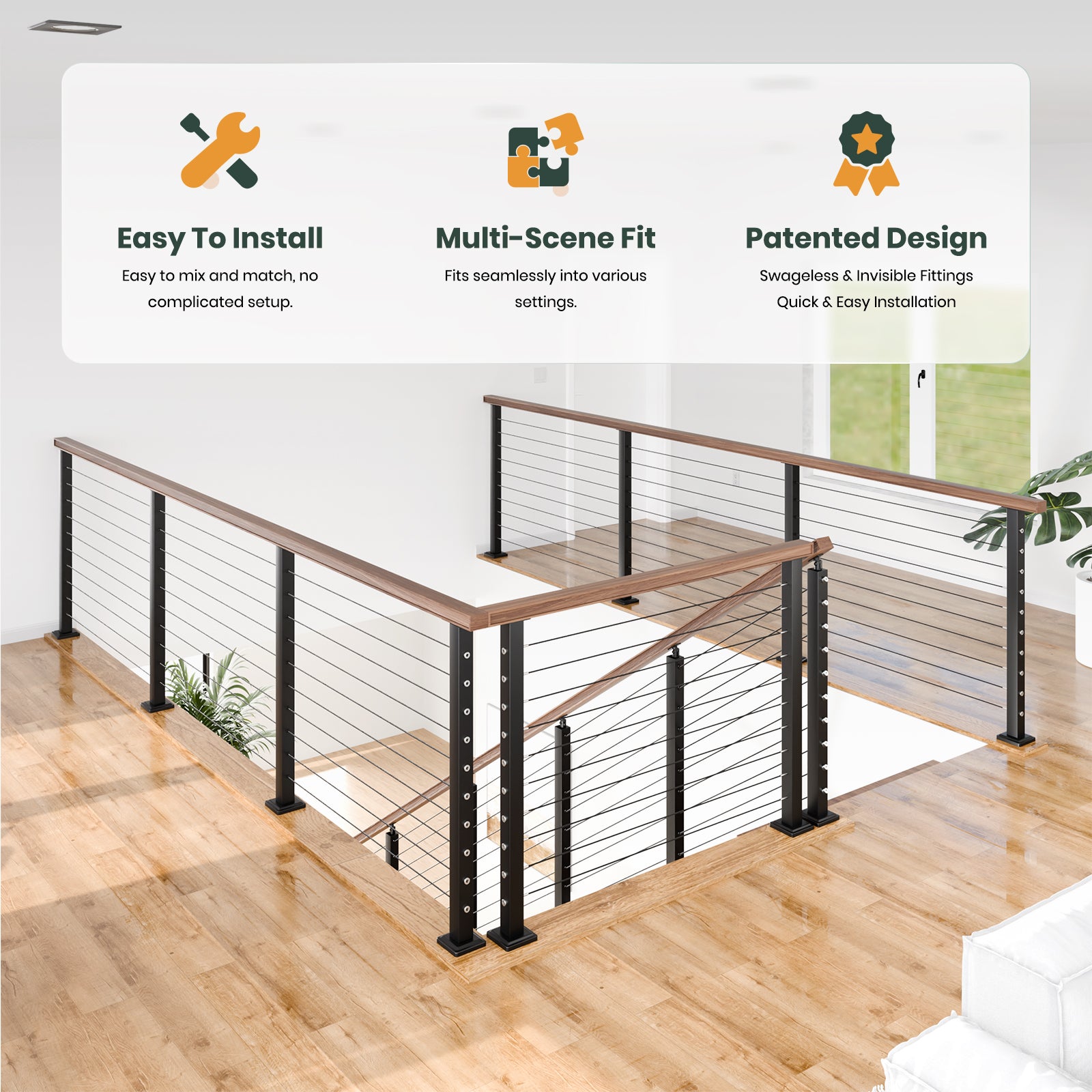 BLIKA 36'' & 42''  Black Surface Mount Cable Railing System DIY Kit (4FT - 20FT, Level Drilled, No Handrail)