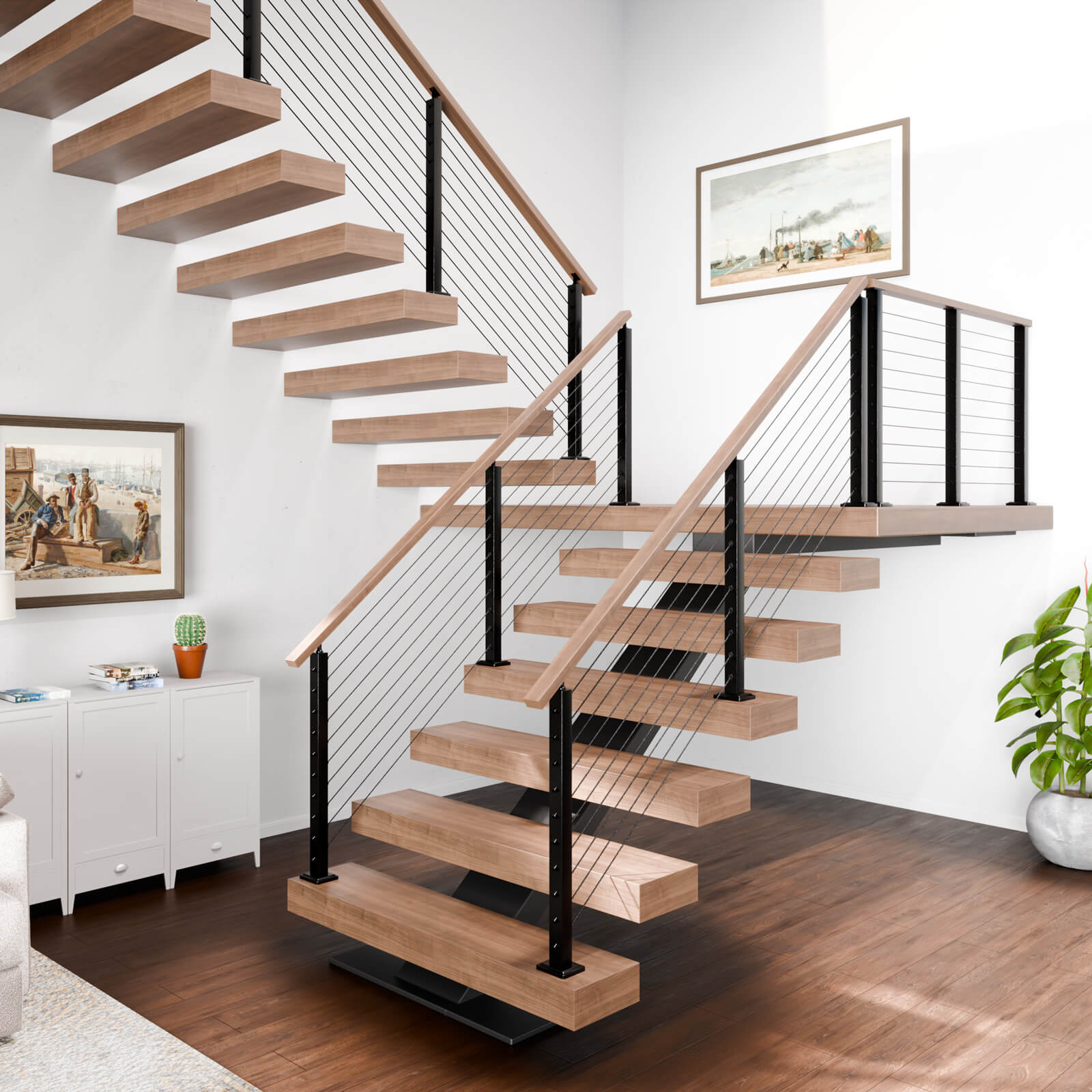 BLIKA 36'' & 42'' Black Surface Mount Stair Cable Railing System DIY Kit (4FT - 20FT, Angled Drilled, No Handrail)