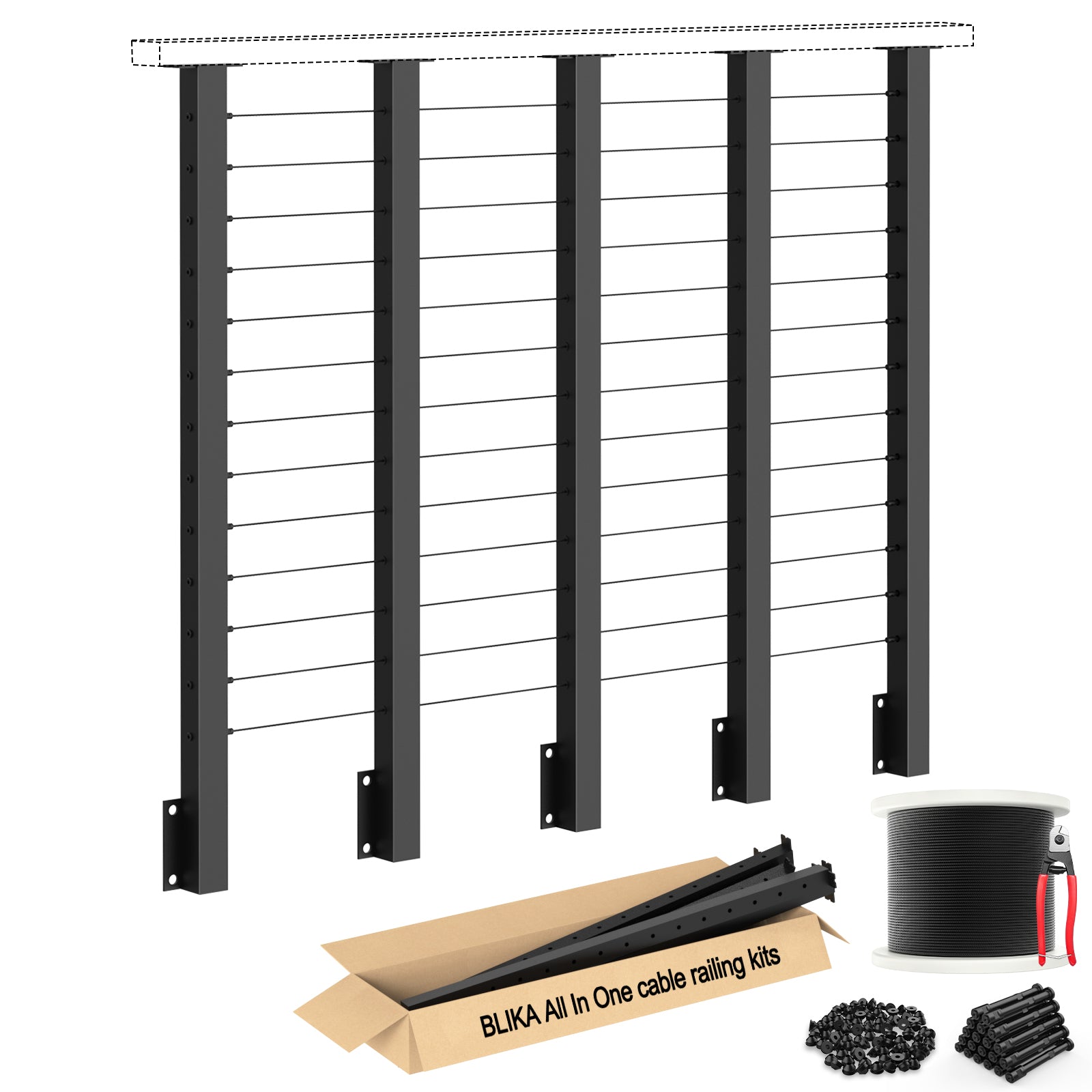 BLIKA 42'' Black Side Mount Cable Railing System DIY Kit (4FT - 20FT,  No Handrail)