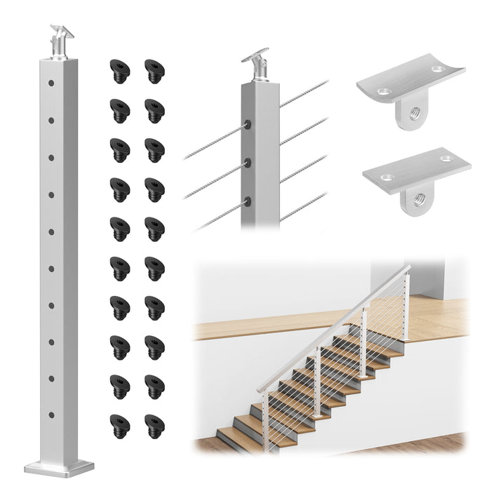 BLIKA 36" Brushed Stainless Steel Pre-Drilled Cable Railing Post for Stair Installations