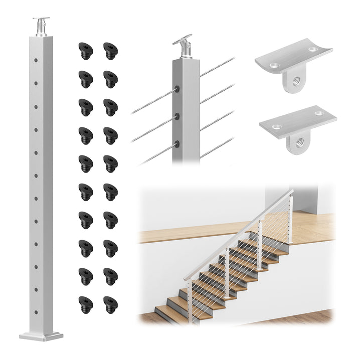 BLIKA 42" Brushed Stainless Steel Pre-Drilled Cable Railing Post for Stair Installations