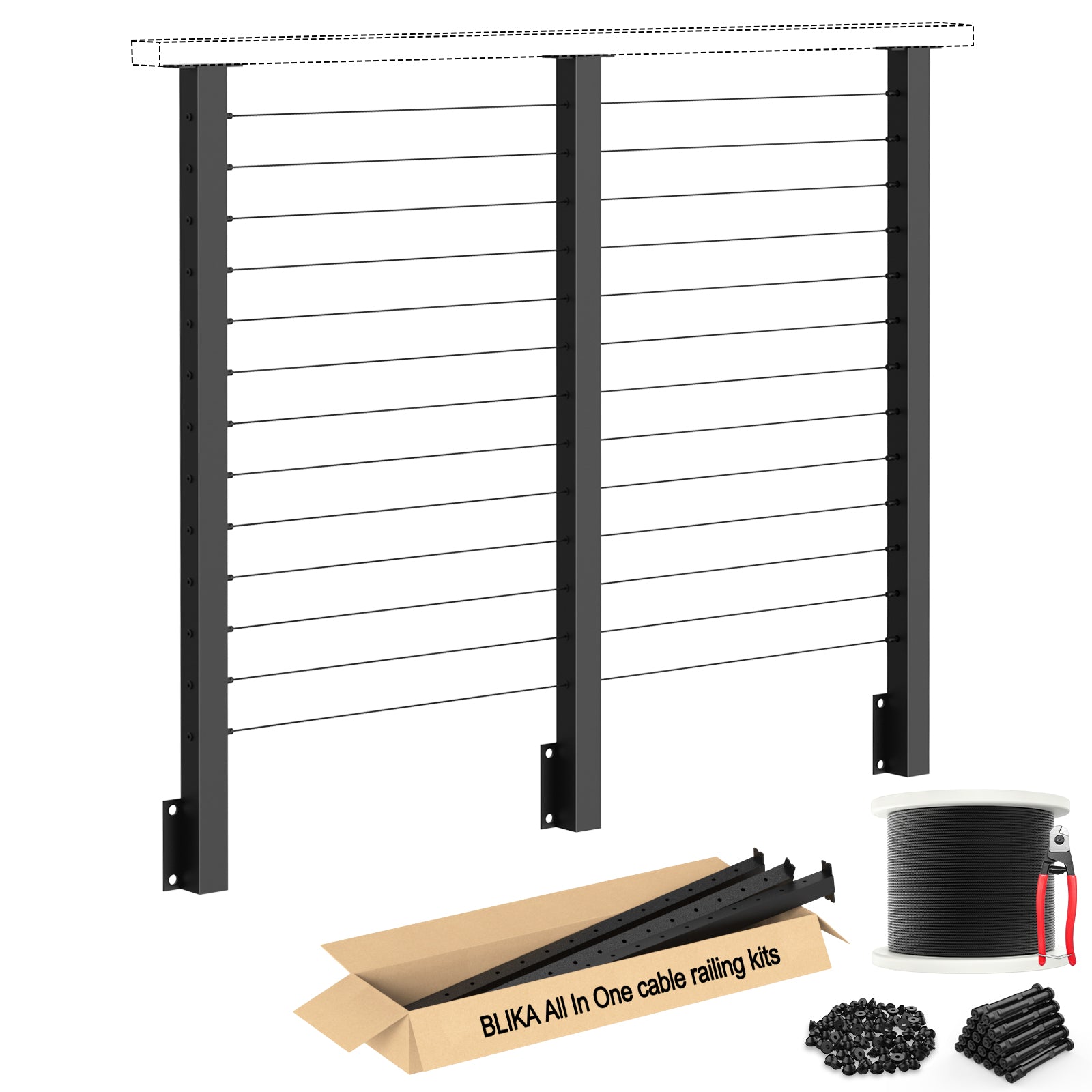 BLIKA 42'' Black Side Mount Cable Railing System DIY Kit (4FT - 20FT,  No Handrail)