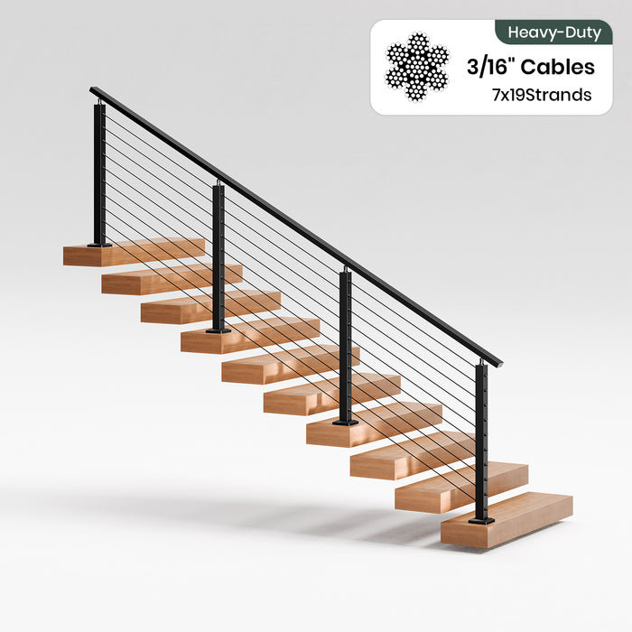 BLIKA 36'' & 42'' Black Surface Mount Stair Cable Railing System DIY Kit (4FT - 20FT, Angled Drilled) - 3/16" Cable & Hardware