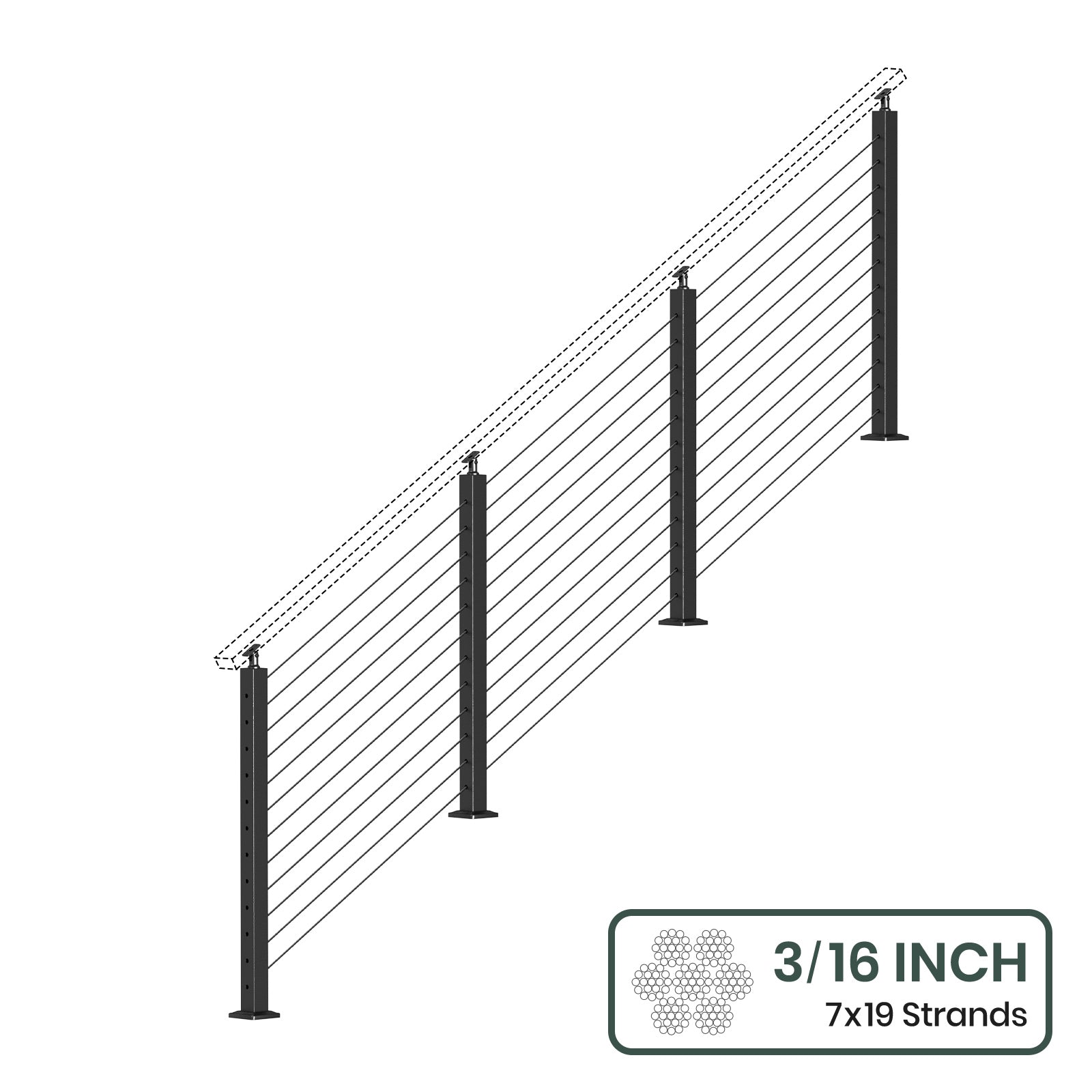 BLIKA 36'' & 42'' Black Surface Mount Stair Cable Railing System DIY Kit (4FT - 20FT, Angled Drilled, No Handrail) - 3/16