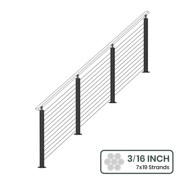 BLIKA 36'' & 42'' Black Surface Mount Stair Cable Railing System DIY Kit (4FT - 20FT, Angled Drilled, No Handrail) - 3/16" Cable & Hardware