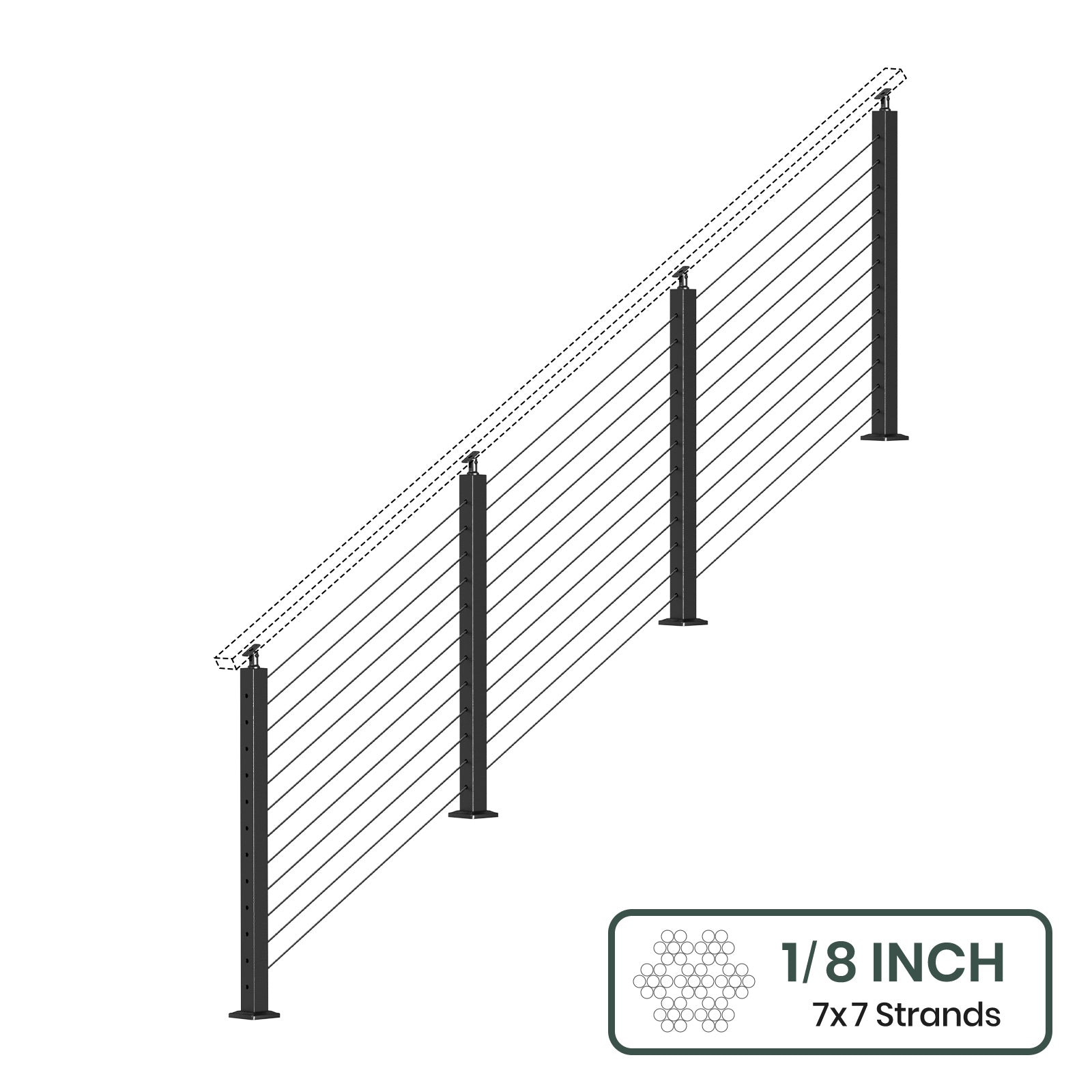 BLIKA 36'' & 42'' Black Surface Mount Stair Cable Railing System DIY Kit (4FT - 20FT, Angled Drilled, No Handrail) - 1/8