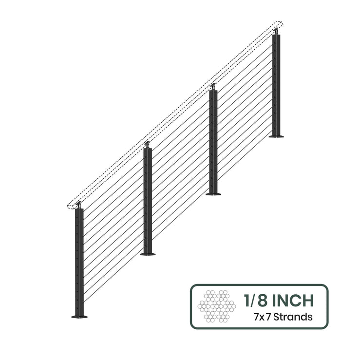 BLIKA 36'' & 42'' Black Surface Mount Stair Cable Railing System DIY Kit (4FT - 20FT, Angled Drilled, No Handrail) - 1/8" Cable & Hardware