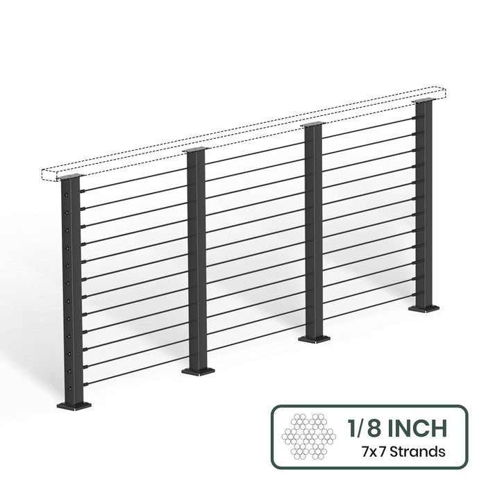 BLIKA 36'' & 42''  Black Surface Mount Cable Railing System DIY Kit (4FT - 28FT, Level Drilled, No Handrail) - 1/8" Cable & Hardware
