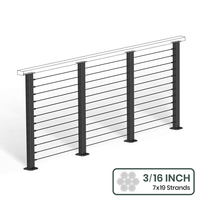 BLIKA 36'' & 42''  Black Surface Mount Cable Railing System DIY Kit (4FT - 28FT, Level Drilled, No Handrail) - 3/16" Cable & Hardware