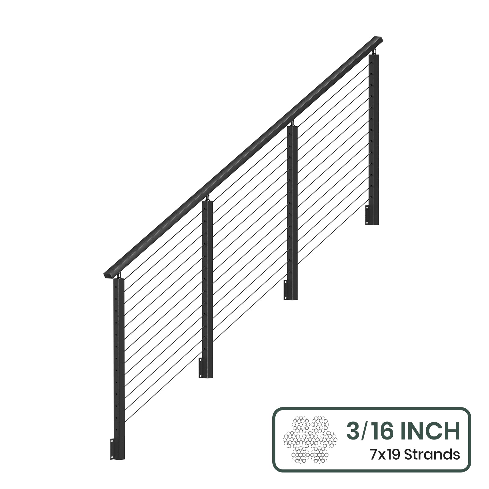 BLIKA 36''& 42''  Black Side Mount  Stair Cable Railing System DIY Kit (4FT - 20FT, Angled Drilled) - 3/16