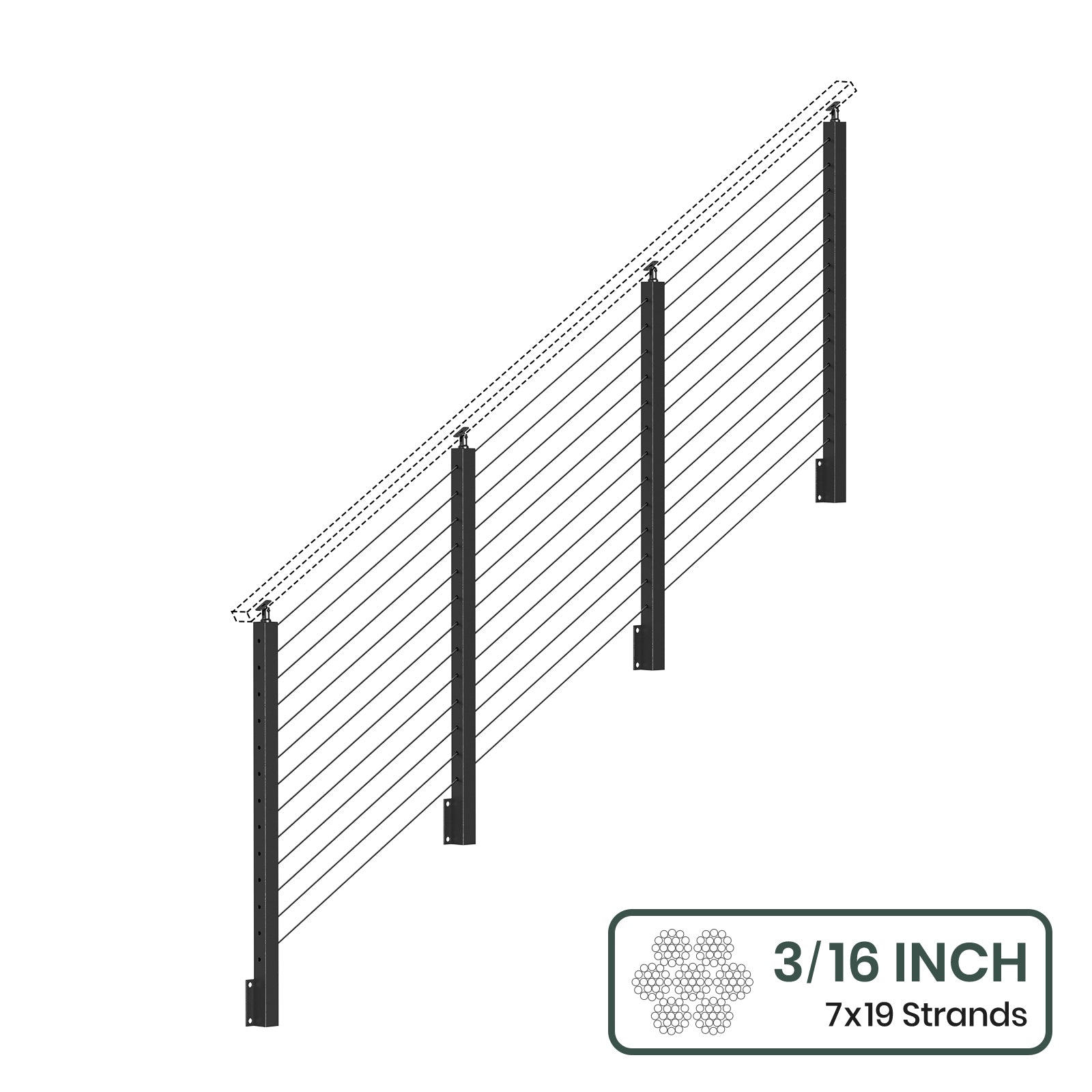 BLIKA 36'' & 42'' Black Side Mount Stair Cable Railing System DIY Kit (4FT - 20FT,  No Handrail) - 3/16