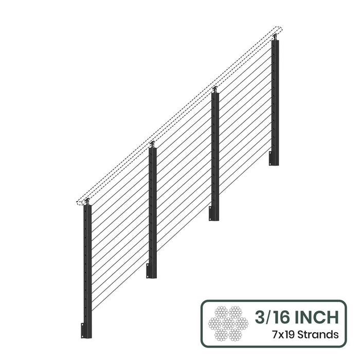 BLIKA 36'' & 42'' Black Side Mount Stair Cable Railing System DIY Kit (4FT - 20FT,  No Handrail) - 3/16" Cable & Hardware