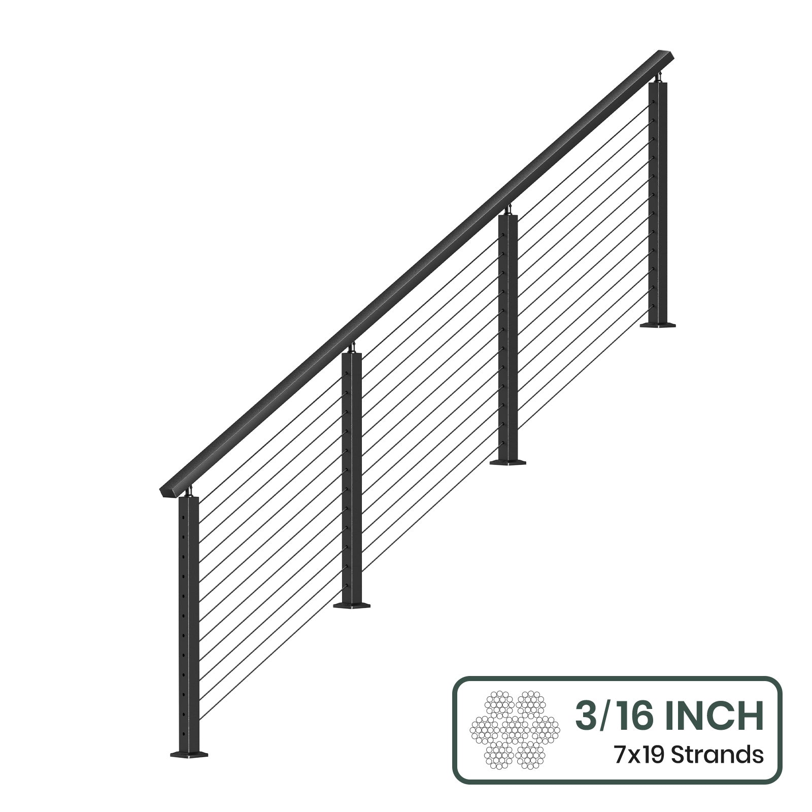 BLIKA 36'' & 42'' Black Surface Mount Stair Cable Railing System DIY Kit (4FT - 20FT, Angled Drilled) - 3/16