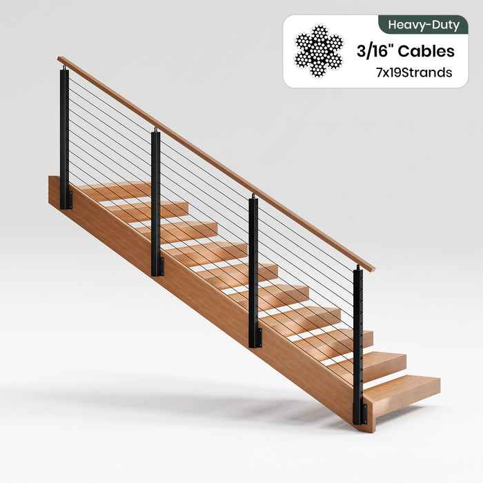BLIKA 36'' & 42'' Black Side Mount Stair Cable Railing System DIY Kit (4FT - 20FT,  No Handrail) - 3/16" Cable & Hardware