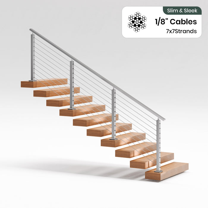 BLIKA 36'' & 42'' Brushed Stainless Steel Surface Mount Stair Cable Railing System DIY Kit (4FT - 20FT, Angled Drilled) - 1/8" Cable & Hardware