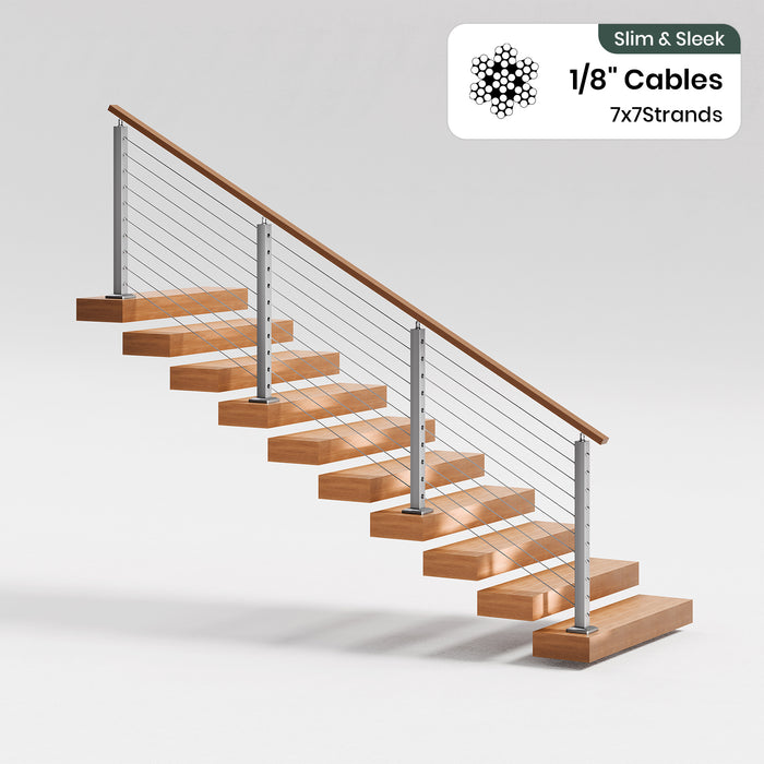 BLIKA 36'' & 42''  Brushed Stainless Steel Surface Mount Stair Cable Railing System DIY Kit (4FT - 20FT, Angled Drilled, No Handrail) - 1/8" Cable & Hardware