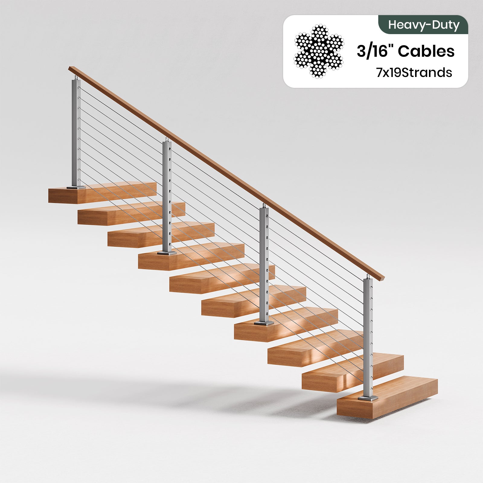 BLIKA 36'' & 42''  Brushed Stainless Steel Surface Mount Stair Cable Railing System DIY Kit (4FT - 20FT, Angled Drilled, No Handrail) - 3/16