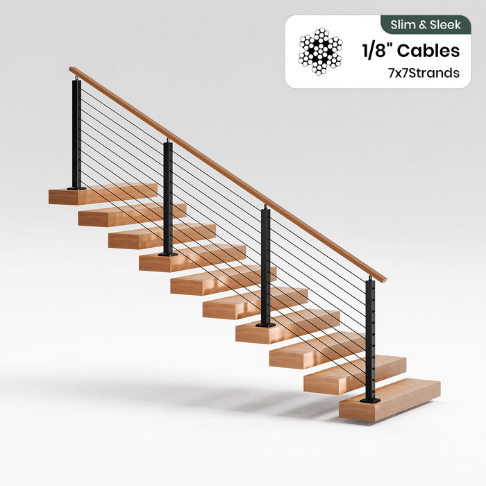 BLIKA 36'' & 42'' Black Surface Mount Stair Cable Railing System DIY Kit (4FT - 20FT, Angled Drilled, No Handrail) - 1/8" Cable & Hardware