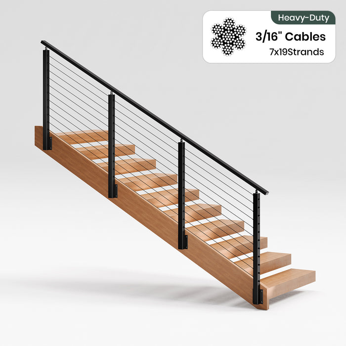 BLIKA 36''& 42''  Black Side Mount  Stair Cable Railing System DIY Kit (4FT - 20FT, Angled Drilled) - 3/16" Cable & Hardware