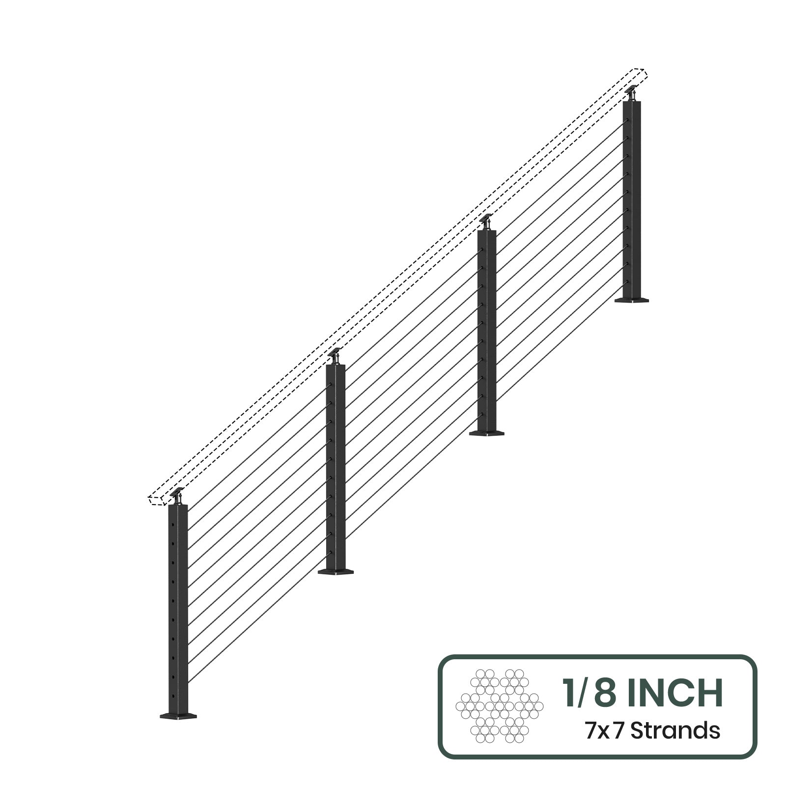BLIKA 36'' & 42'' Black Surface Mount Stair Cable Railing System DIY Kit (4FT - 20FT, Angled Drilled, No Handrail) - 1/8