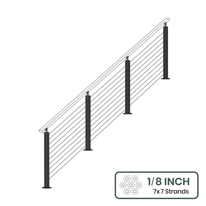 BLIKA 36'' & 42'' Black Surface Mount Stair Cable Railing System DIY Kit (4FT - 20FT, Angled Drilled, No Handrail) - 1/8" Cable & Hardware