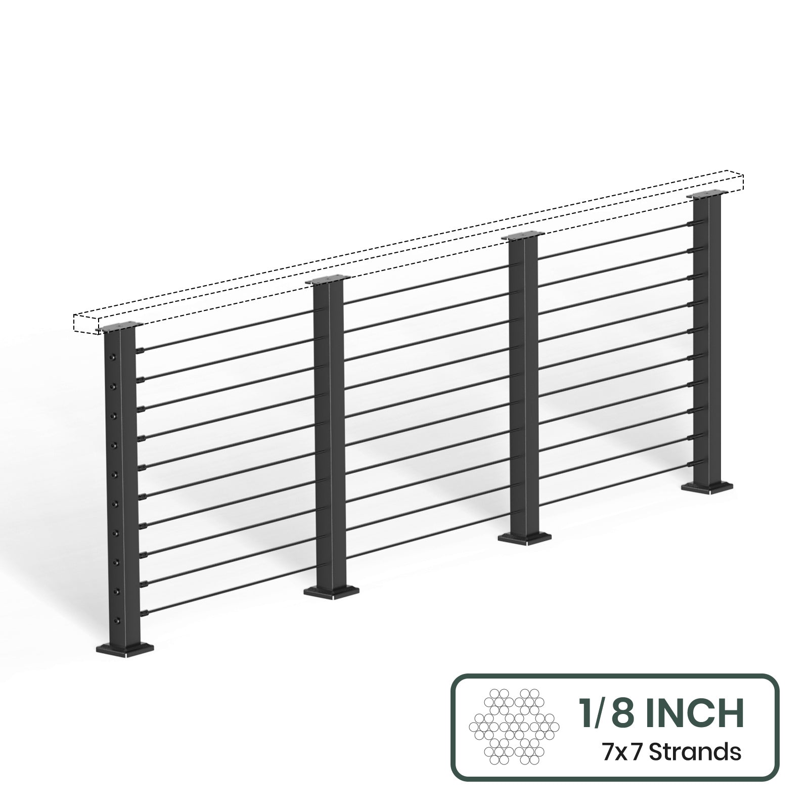 BLIKA 36'' & 42''  Black Surface Mount Cable Railing System DIY Kit (4FT - 28FT, Level Drilled, No Handrail) - 1/8