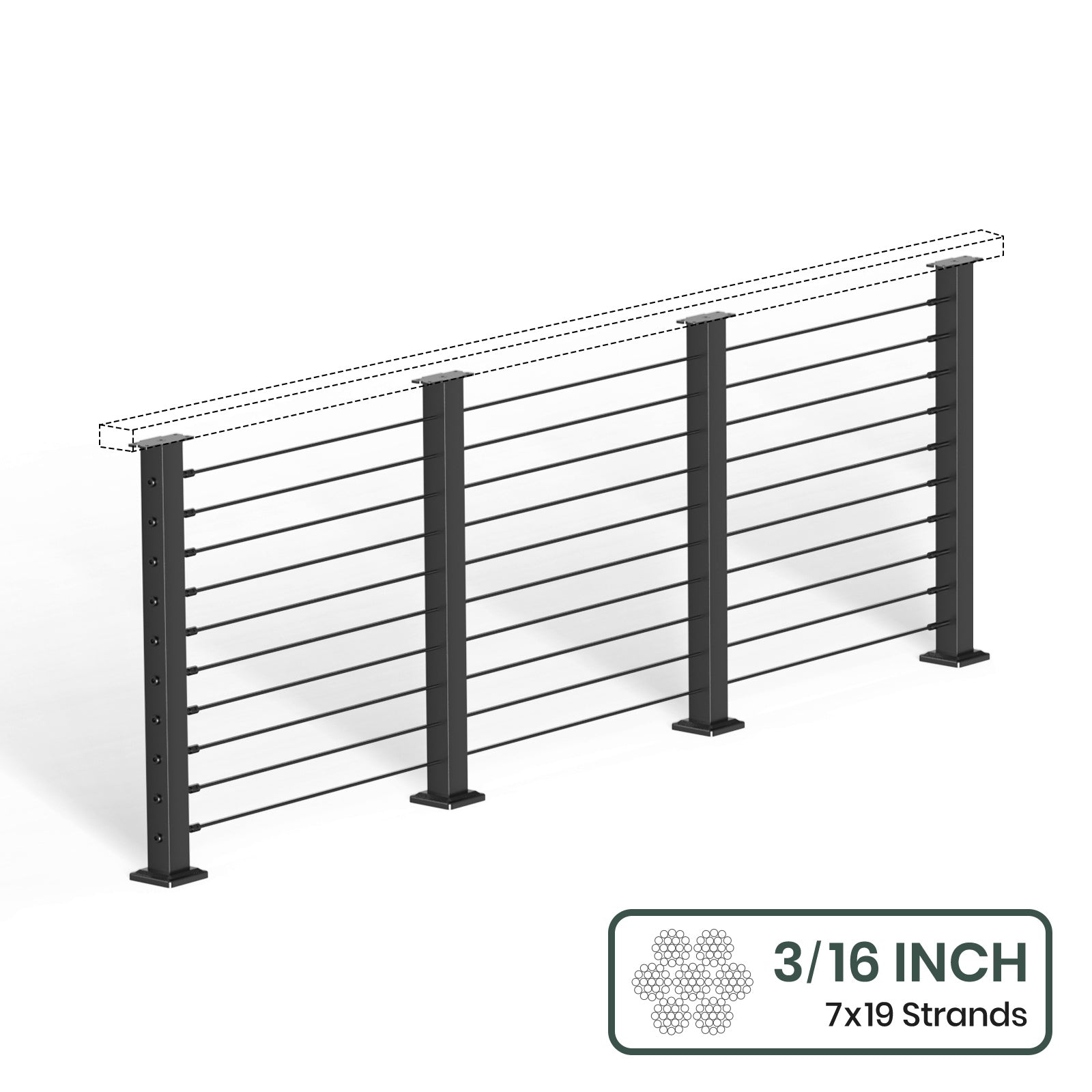 BLIKA 36'' & 42''  Black Surface Mount Cable Railing System DIY Kit (4FT - 28FT, Level Drilled, No Handrail) - 3/16