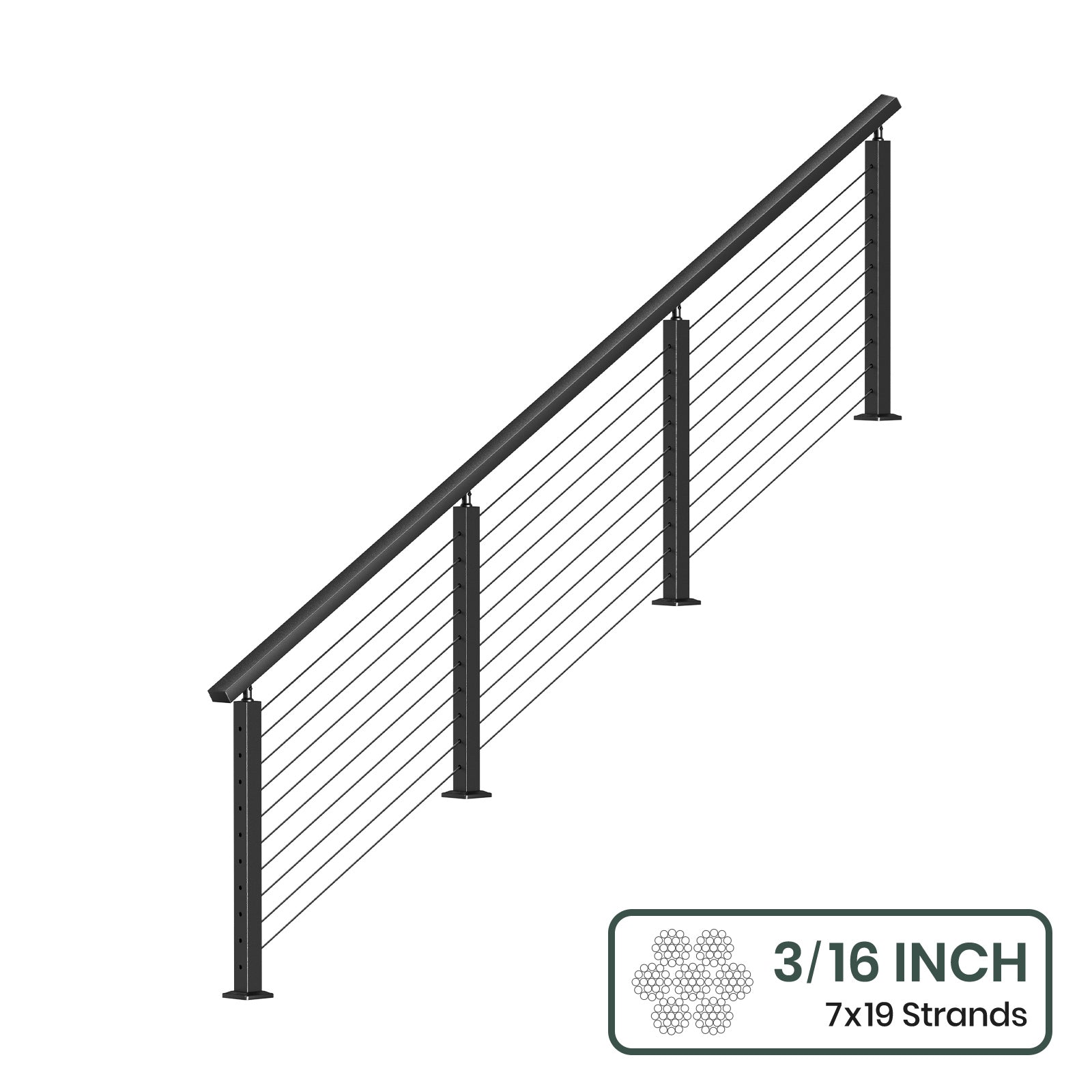 BLIKA 36'' & 42'' Black Surface Mount Stair Cable Railing System DIY Kit (4FT - 20FT, Angled Drilled) - 3/16