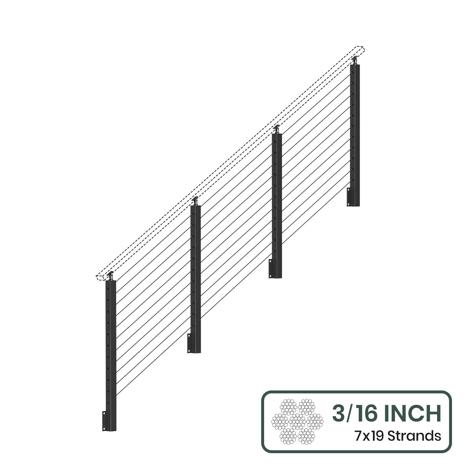 BLIKA 36'' & 42'' Black Side Mount Stair Cable Railing System DIY Kit (4FT - 20FT,  No Handrail) - 3/16