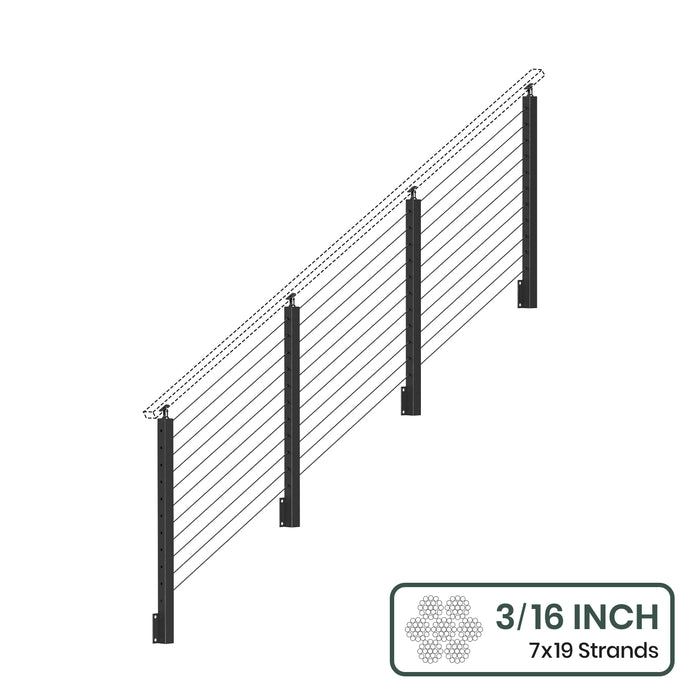 BLIKA 36'' & 42'' Black Side Mount Stair Cable Railing System DIY Kit (4FT - 20FT,  No Handrail) - 3/16" Cable & Hardware