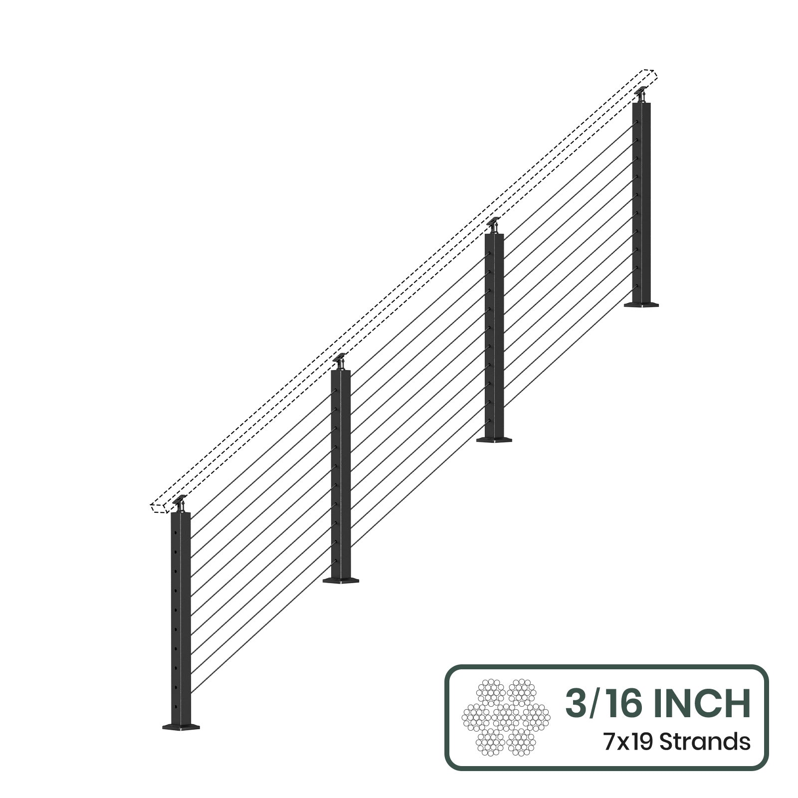 BLIKA 36'' & 42'' Black Surface Mount Stair Cable Railing System DIY Kit (4FT - 20FT, Angled Drilled, No Handrail) - 3/16