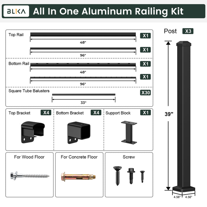 BLIKA 36" Level Aluminum Railing & 39" Post System DIY Kit（4FT-28FT）