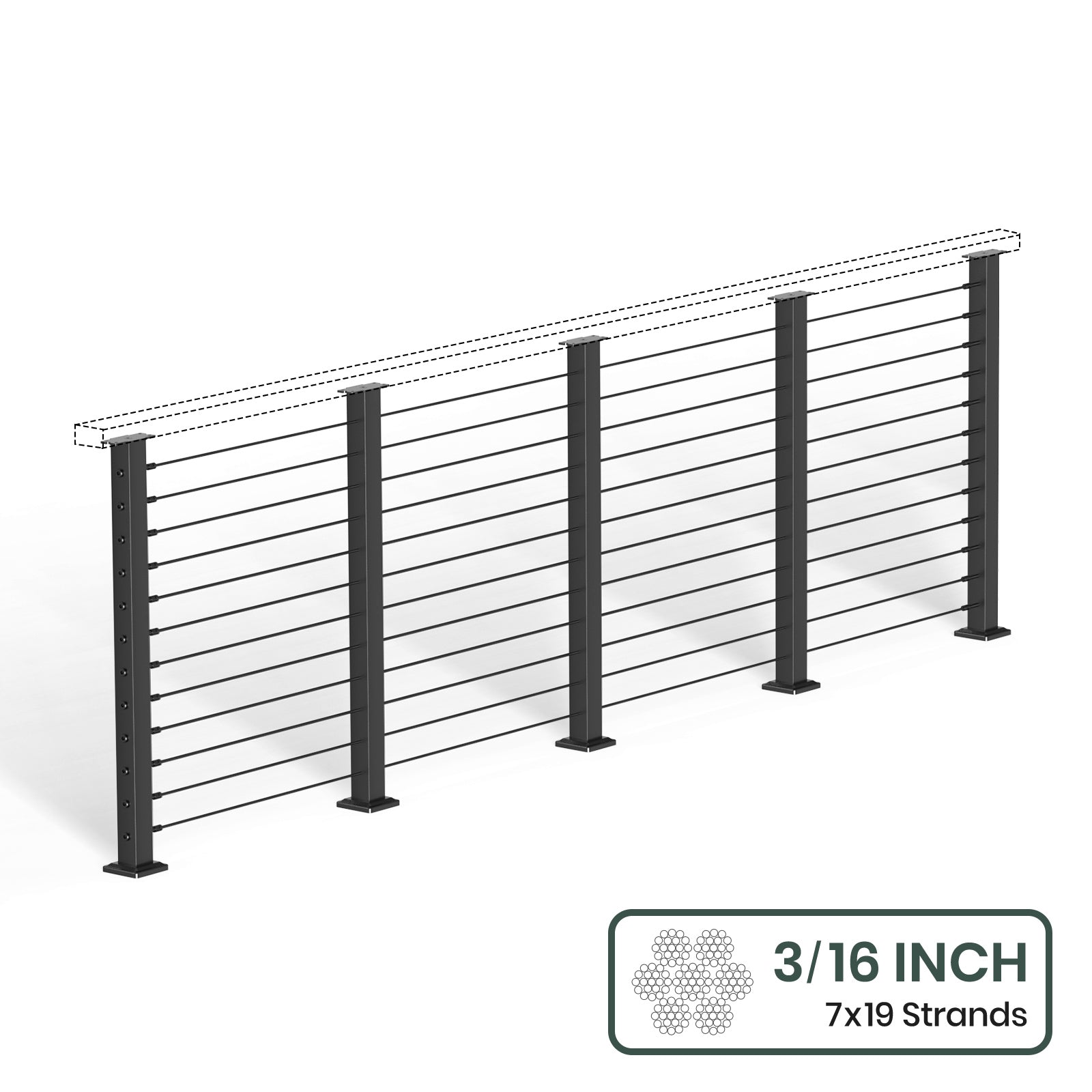 BLIKA 36'' & 42''  Black Surface Mount Cable Railing System DIY Kit (4FT - 28FT, Level Drilled, No Handrail) - 3/16