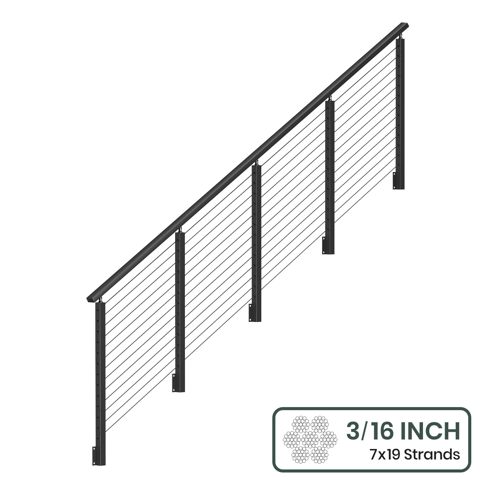 BLIKA 36''& 42''  Black Side Mount  Stair Cable Railing System DIY Kit (4FT - 20FT, Angled Drilled) - 3/16