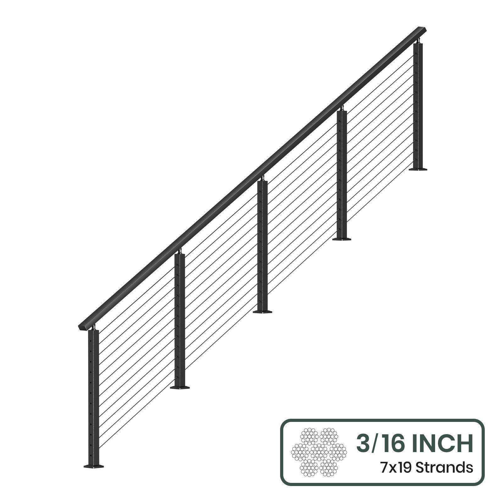 BLIKA 36'' & 42'' Black Surface Mount Stair Cable Railing System DIY Kit (4FT - 20FT, Angled Drilled) - 3/16