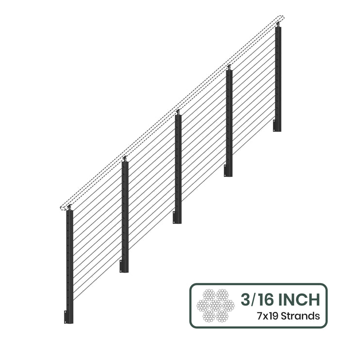 BLIKA 36'' & 42'' Black Side Mount Stair Cable Railing System DIY Kit (4FT - 20FT,  No Handrail) - 3/16" Cable & Hardware