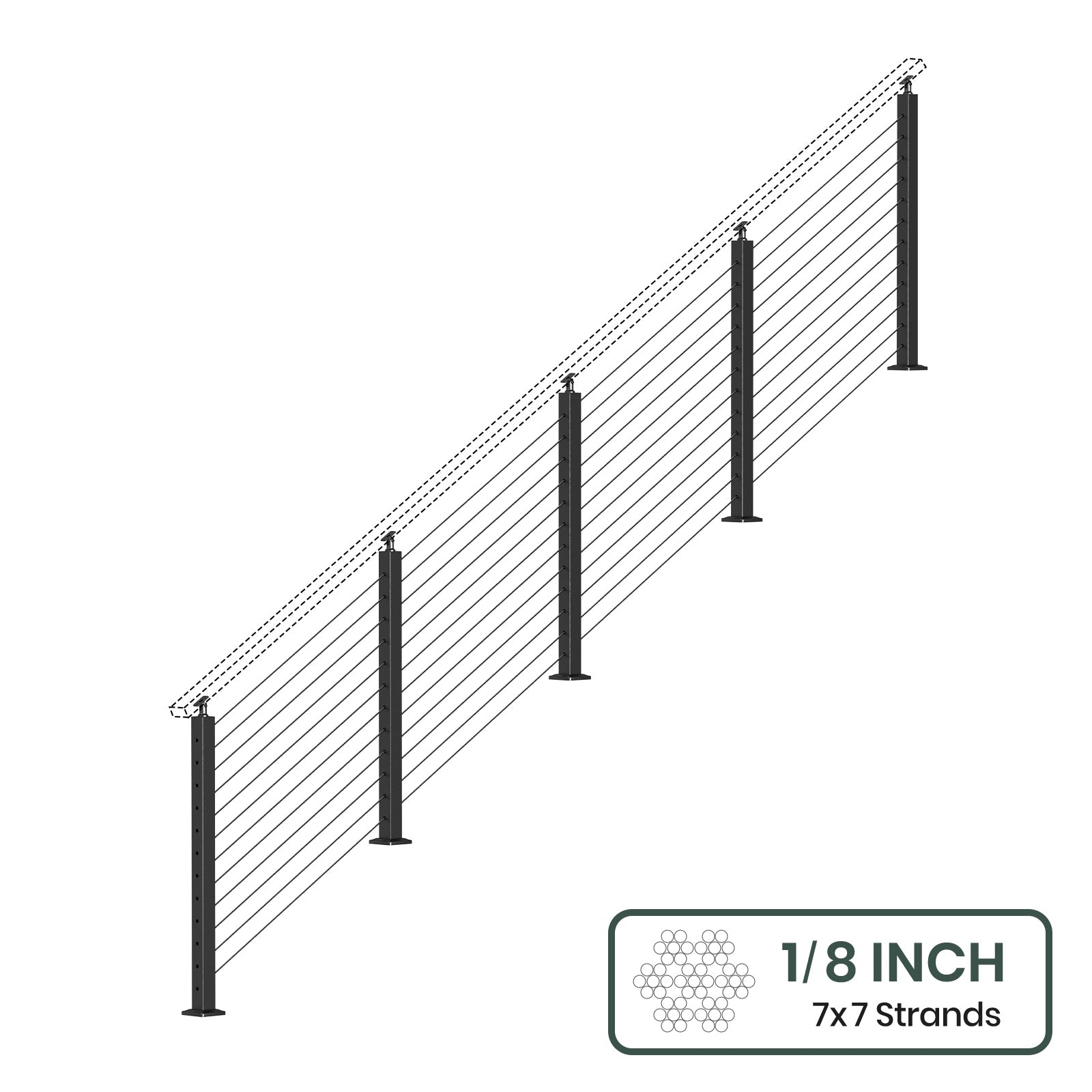 BLIKA 36'' & 42'' Black Surface Mount Stair Cable Railing System DIY Kit (4FT - 20FT, Angled Drilled, No Handrail) - 1/8
