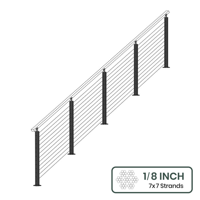 BLIKA 36'' & 42'' Black Surface Mount Stair Cable Railing System DIY Kit (4FT - 20FT, Angled Drilled, No Handrail) - 1/8" Cable & Hardware