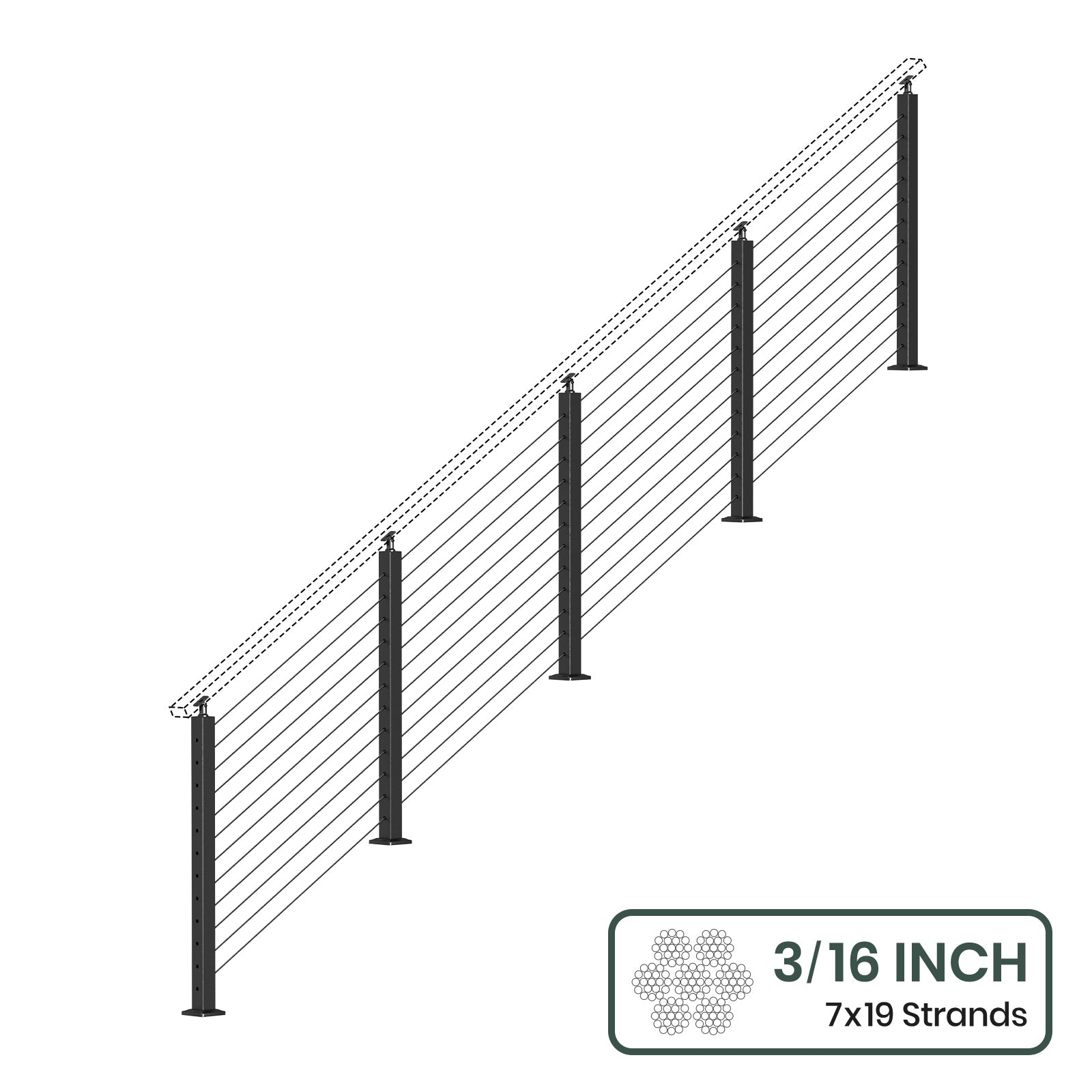 BLIKA 36'' & 42'' Black Surface Mount Stair Cable Railing System DIY Kit (4FT - 20FT, Angled Drilled, No Handrail) - 3/16