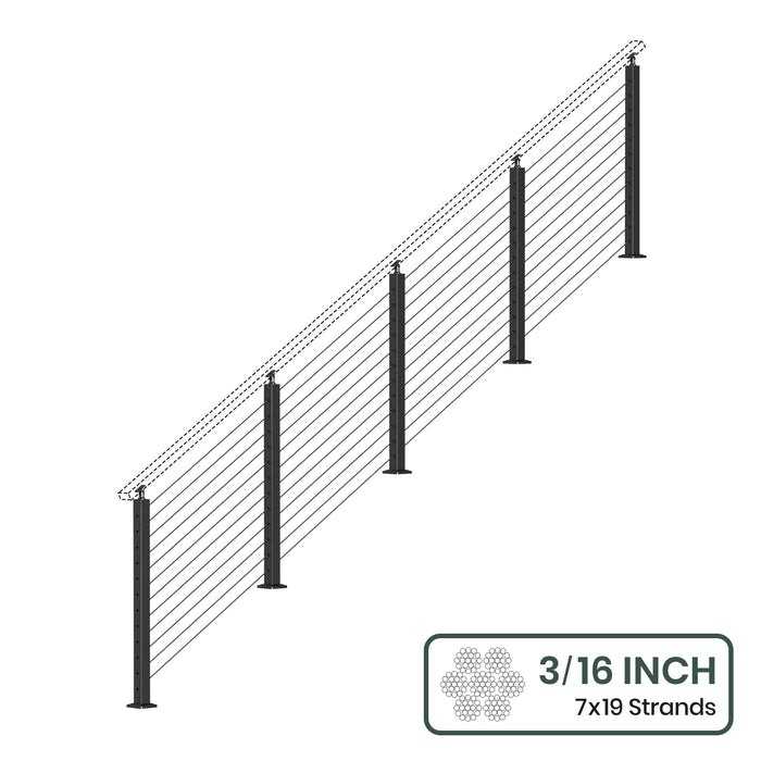 BLIKA 36'' & 42'' Black Surface Mount Stair Cable Railing System DIY Kit (4FT - 20FT, Angled Drilled, No Handrail) - 3/16" Cable & Hardware