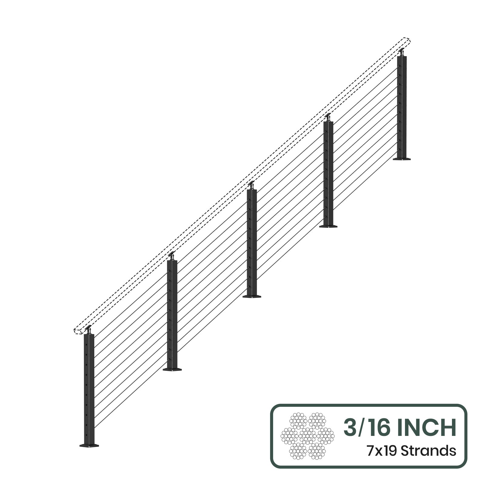 BLIKA 36'' & 42'' Black Surface Mount Stair Cable Railing System DIY Kit (4FT - 20FT, Angled Drilled, No Handrail) - 3/16