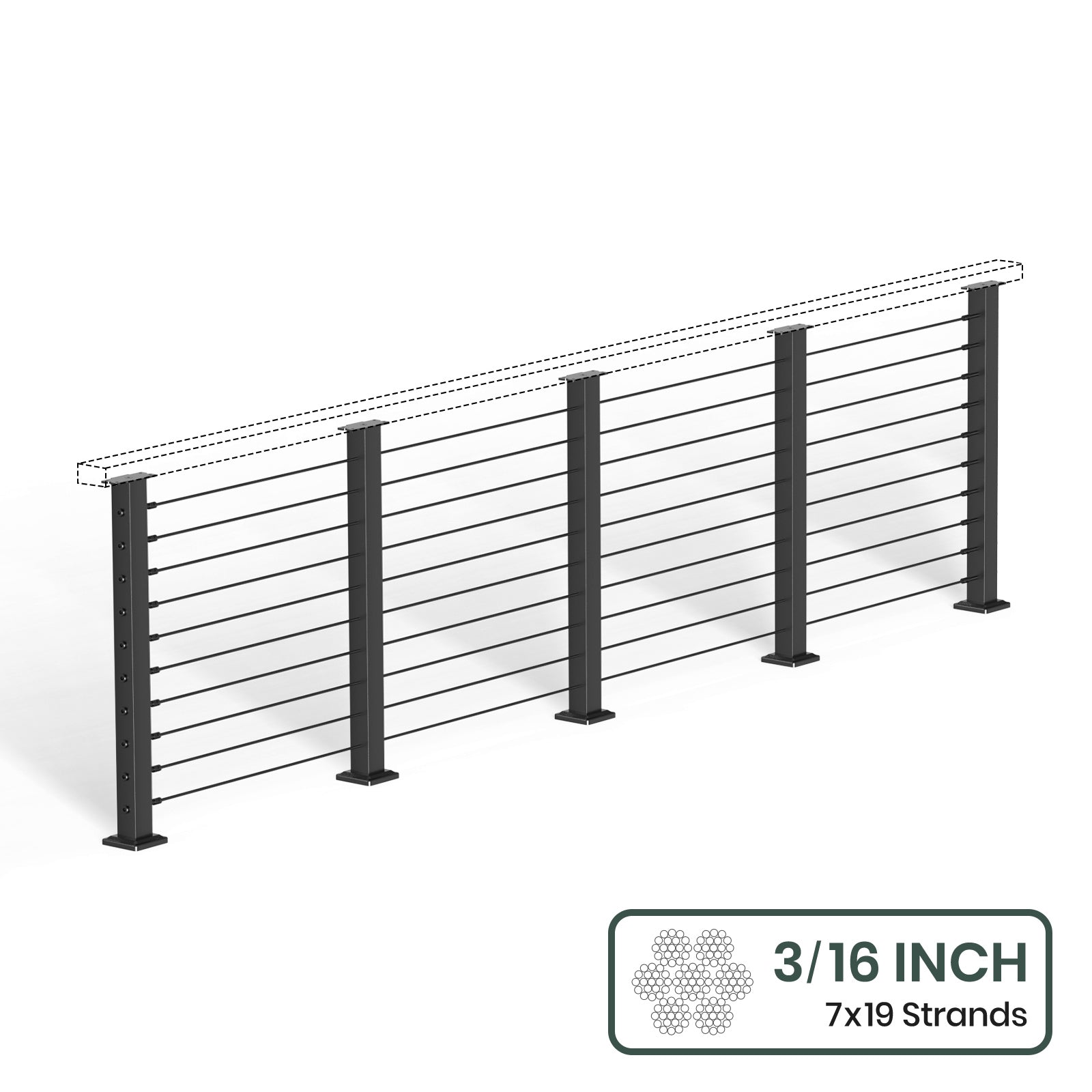 BLIKA 36'' & 42''  Black Surface Mount Cable Railing System DIY Kit (4FT - 28FT, Level Drilled, No Handrail) - 3/16