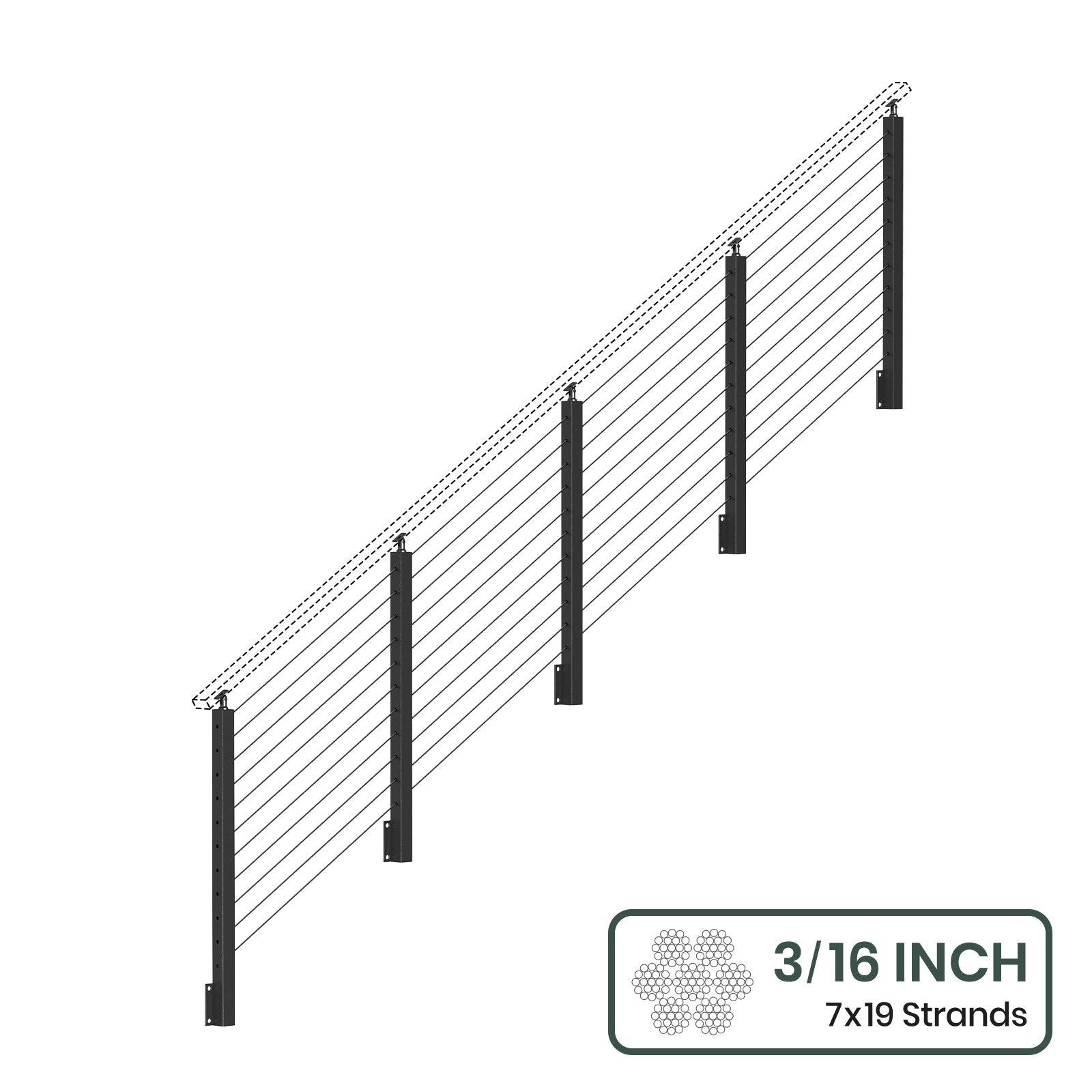 BLIKA 36'' & 42'' Black Side Mount Stair Cable Railing System DIY Kit (4FT - 20FT,  No Handrail) - 3/16