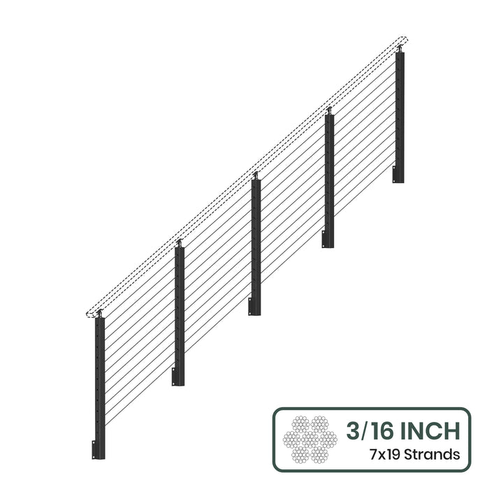 BLIKA 36'' & 42'' Black Side Mount Stair Cable Railing System DIY Kit (4FT - 20FT,  No Handrail) - 3/16" Cable & Hardware