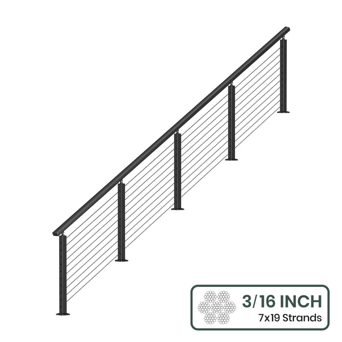 BLIKA 36'' & 42'' Black Surface Mount Stair Cable Railing System DIY Kit (4FT - 20FT, Angled Drilled) - 3/16" Cable & Hardware