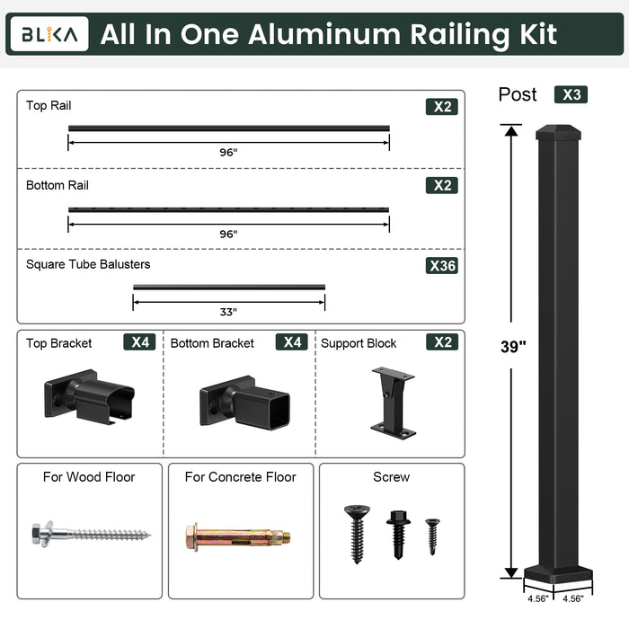 BLIKA 36" Stair Aluminum Railing & 39" Post System DIY Kit（4FT-20FT）