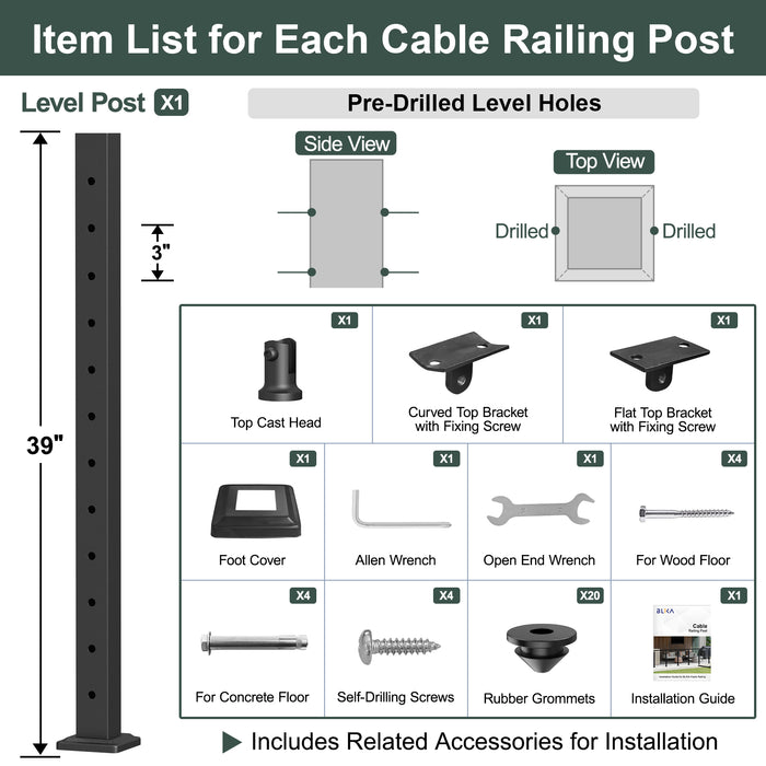 BLIKA 42" Horizontal Drill Flat Top Cable Railing Post
