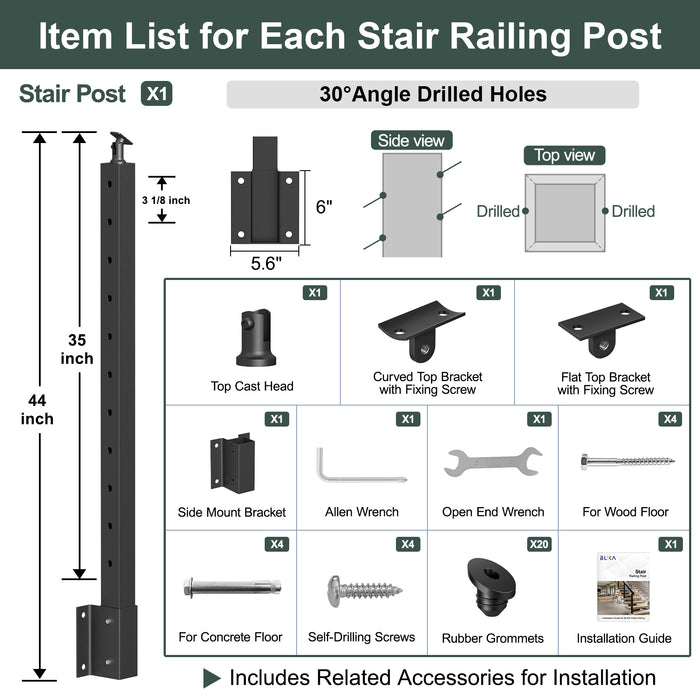 BLIKA 36" Angle Drilled Side Mount Post with Bracket for Cable Railing